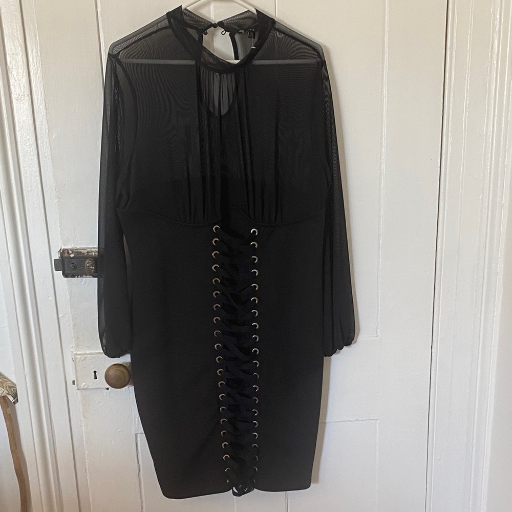 Iris Black Dress with Sheer Long Sleeves